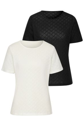 Vivance Kurzarmshirt VIVANCE mit modischem Ajour-Muster, Damen, Gr. 32/34, schwarz (creme, schwarz), Feinstrick, Obermaterial: 60% Baumwolle, 40% Polyester, f