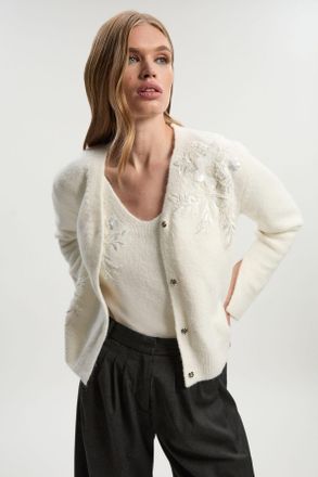 Karen Millen Womens Archive Floral Embellished Cosy Wool Blend Cardigan - White - Size X-Small