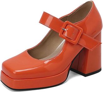 Generic Elegant Retro Mary Jane Chunky Heel Square Toe Dressy High Heels for Women Stylish Occasions and Formal Events (Orange, 4.5)
