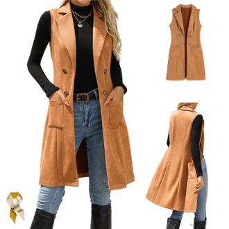 Generic Long Suede Vest for Women,Sleeveless Notch Lapel Button Decor Open Front Jacket,Faux Suede Double Breasted Blazer with Pocket (UK, Alpha, L, Regular, 