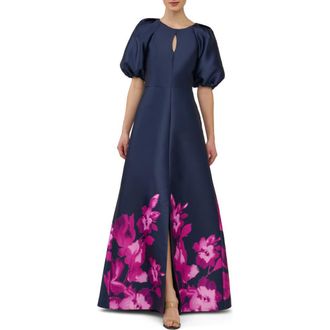 Kay Unger Delfina Puff Sleeve Mikado Gown in Midnight/pink Zinnia at Nordstrom Rack, Size 12