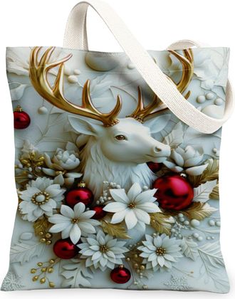 Generic Christmas Deer Floral Tote Bags, Rustic Holiday Pattern Reusable Grocery Bags, Vintage Washable Shoulder Strap Canvas for T, White, 13x15 Inch