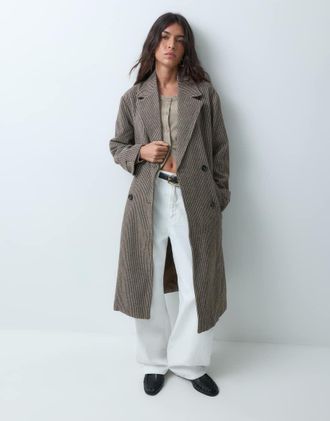 Brave Soul cappotto oversize doppiopetto in finta lana a quadri marroni-Marrone