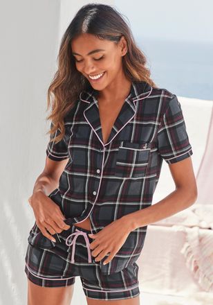 s.Oliver Shorty S.OLIVER, Damen, Gr. 32/34, rot (bordeaux, kariert), Single Jersey, Obermaterial: 50% Baumwolle, 50% Viskose, kariert, Basic kurz, V-Ausschnitt