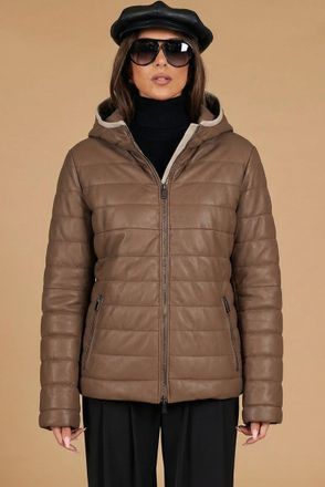 D'Arienzo Piumino in pelle fango con cappuccio bordo color crema DArienzo, Seleziona Taglia XL, Colore Fango