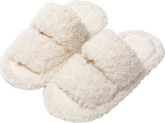 Generic Fuzzy Open Toe Slippers - Warm Cozy Lining Non Skid Slippers, Comfy Winter Home Footwear for Women and Girls, White, 1 M US