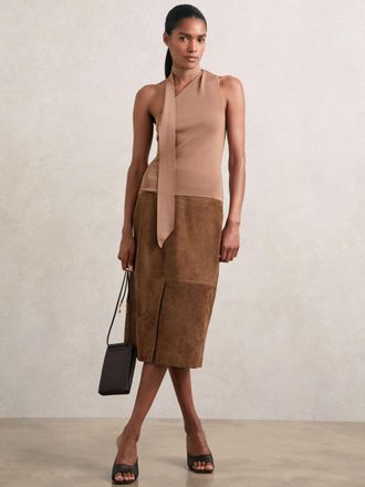 Reiss Tan Brown Suede Straight-fit Midi Skirt, 12
