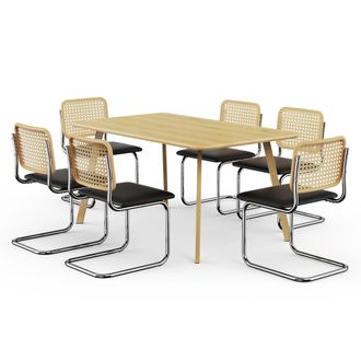 VonHaus Rectangular Dining Table Set with 6 Cantilever Style Chairs in Light Brown