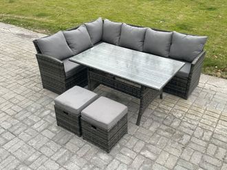 Fimous Outdoor Rattan Garden Furniture Corner Sofa Set with Rectangular Dining Table 2 Small Footstools Patio Wicker Rattan Set in Dark Grey