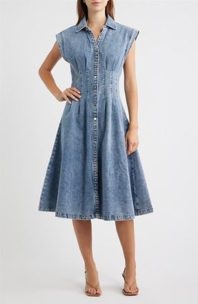 Ronny Kobo Edie Pleat Waist Denim Shirtdress in Antique Wash at Nordstrom, Size Small