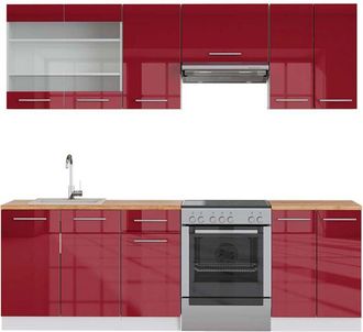 Vicco Mueble De Cocina Fame-line, Burdeos Brillo Intenso/blanco, 240 Cm, Et Roble