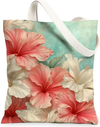 Generic Floral Canvas Tote Bags, Hibiscus Pattern Reusable Grocery Bags, Summer Vintage Washable Shoulder Strap Canvas for Gym Trav, Multi-color, 13x15 Inch