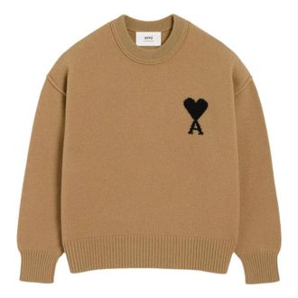 Ami Big Heart Wool Crewneck Sweater Camel Black UKS838-018-288