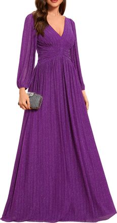 Ever-pretty Womens Glitter A Line V Neck Pleated Long Sleeve Evening Dress Sparkling Grape 14