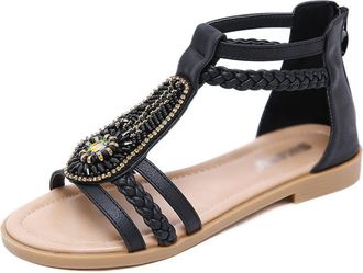 Generic Sandals For Women Casual Strap Sandals Women Beaded Jeweled Rhinestone Shoes Zipper Flat Heel Soft6.5 UK