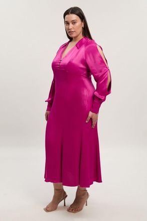Karen Millen Womens Plus Size Viscose Satin V Neck Long Sleeve Woven Midi Dress - Pink - Size 20 UK