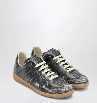Maison Margiela Black Cracked Leather Replica Sneakers