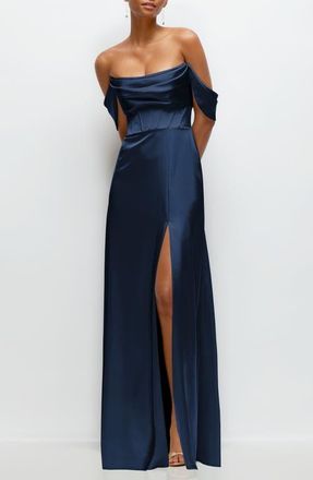 After Six Off the Shoulder Satin Charmeuse Gown with Removable Sleeves in Midnight at Nordstrom, Size 16