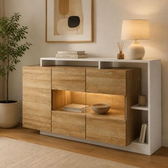 Dmora Aparador Hafa, Alacena 8 Estantes, Puerta Batiente, 3 Puertas, 155x44x94h Cm Roble Marr&oacute;n