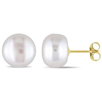 Amour 9 - 10 Mm Cultured Freshwater Pearl Stud Earrings In 10K Yellow Gold