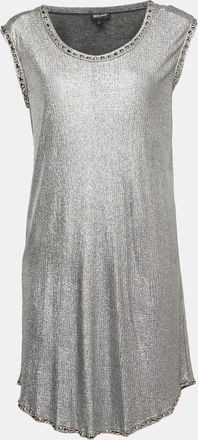 Just Cavalli Metallic Silver Lam&eacute; Jersey Metal Embellished Mini Dress