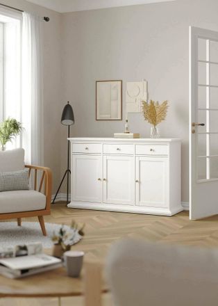 Dmora Aparador Dmora Con Tres Puertas Y Tres Cajones, Color Blanco, 143,7 X 91,66 X 46,1 Cm, Con Embalaje Reforzado