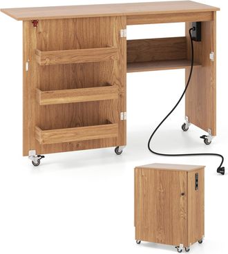 Costway Costway Mobile Per Macchina Da Cucire Pieghevole, Tavolo Da Cucito Con Stazione Di Ricarica, Ruote Bloccabili, Ripiano E Contenitori (legno, 116 X 41 