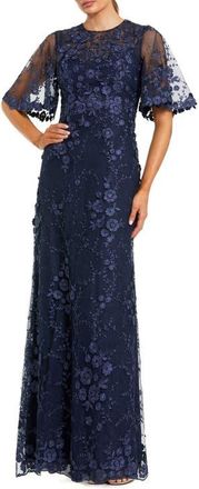 Mac Duggal Petite Flutter Sleeve Floral Embroidered Net Gown in Midnight at Nordstrom, Size 18