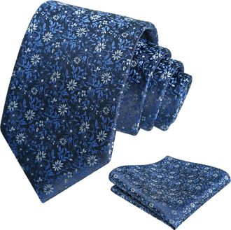 Alizeal Mens 8cm Necktie and Hanky Delicate Small Floral Casual Formal Wedding Tie Set, Navy Blue