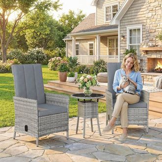 OUTSUNNY Rattan Bistro Set, Reclining Garden Chairs & Table in Light Grey