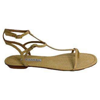 Aquazzura Pre-owned Womens Aquazzura So Ponza T-Strap Sandals in Beige Raffia - Size 38.5 EU/IT