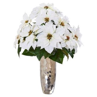 Nearly Natural Poinsettia Artificial Arrangement in Silver Cylinder Vase in White at Nordstrom