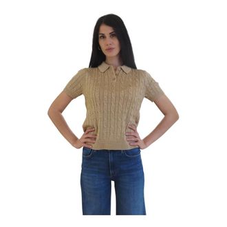 Ralph Lauren Metallic Cable-Knit Polo Sweater - Dames - V-hals truien - Bruin - M - Katoen - Truien & Vesten
