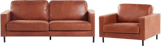 Beliani Conjunto De Sof&aacute;s Para Sal&oacute;n Sof&aacute; 3 Plazas Sill&oacute;n De Piel Sint&eacute;tica Marr&oacute;n Dorado Estilo Minimalista Savalen