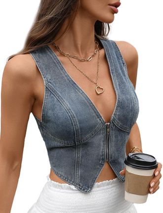 Feoya Womens Denim Waistcoat Vest Vintage Croppped Sleeveless Tank Top Deep V-Neck Back Slit Jean Gilet with Front Zip Slim Vest B1 M