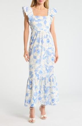 London Times Ruffle Sleeve Square Neck Maxi Dress in Soft White/Perriwinkle at Nordstrom Rack, Size 18