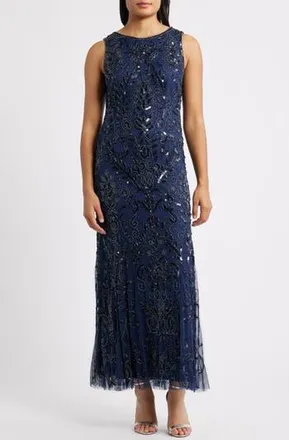 Pisarro Nights Beaded Sleeveless Gown in Navy at Nordstrom Rack, Size 10