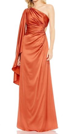 Mac Duggal Asymmetrical One Side Cape Sleeve Ruching Satin Dress In Rust