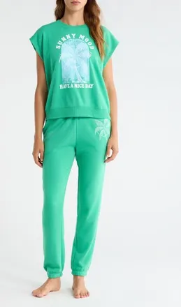 PJ Salvage Sleeveless Sweatshirt & Joggers Fleece Pajamas in Green Palm at Nordstrom, Size X-Small
