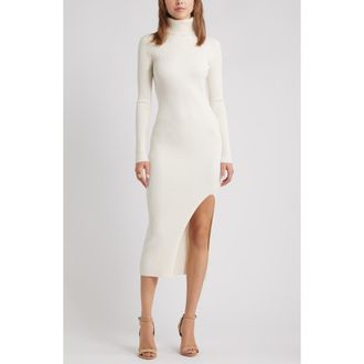 Open Edit Rib Long Sleeve Turtleneck Sweater Dress in White Whisper at Nordstrom Rack, Size X-Small