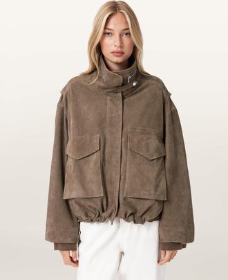 AllSaints Leather Clay Funnel Neck Suede Cropped Jacket, Size: XS