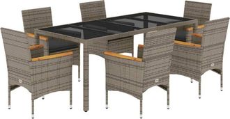 vidaXL Set Comedor Jard&iacute;n 7 Pzas Y Cojines Rat&aacute;n Sint&eacute;tico Vidrio Gris Vidaxl