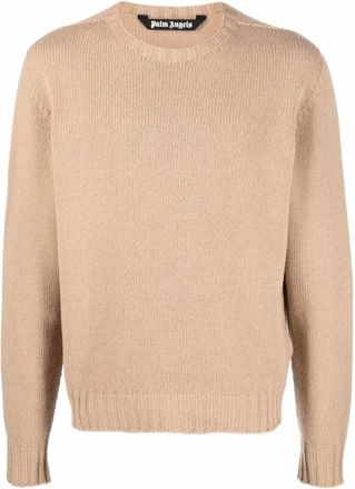 Palm Angels Curved Logo Crew Knit - Heren - Ronde hals truien - Beige - 2XL - Wol - Truien & Vesten