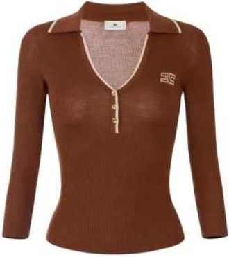 Elisabetta Franchi Tops, Dames, Bruin, L, Wol, Ribbed Wool Polo