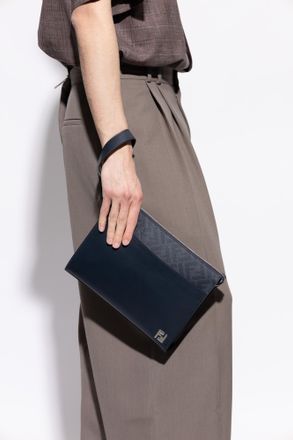 Fendi Leather Hand Bag With Logo, Mens, Navy Blue