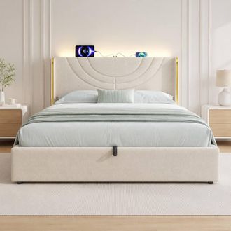 Merax 5ft King Beige Linen Hydraulic Storage Bed with LED, Charging Station