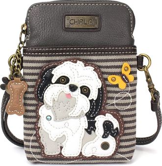 Chala Dog Collection Cell Phone Crossbody Purse-Women PU Leather/Canvas Multicolor Handbag with Adjustable Strap, White Shih Tzu - Gray Stripe, One Size