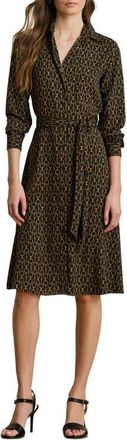 Lauren Ralph Lauren Chain Print Tie Waist Long Sleeve Crepe Shirtdress in Black Multi at Nordstrom, Size 14
