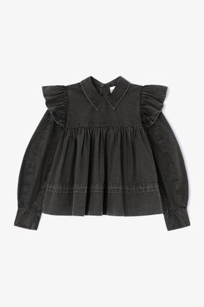 Ganni Black Washed Frill Blouse - Size 10/12 Organic Cotton