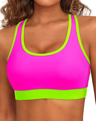 Holipick Womens Sports Bra Bikini Tops Racerback Swim Top Scoop Neck Bathing Suits Top Modest Padded Crop Tops Swimsuit Only, Pink-Green, Medium